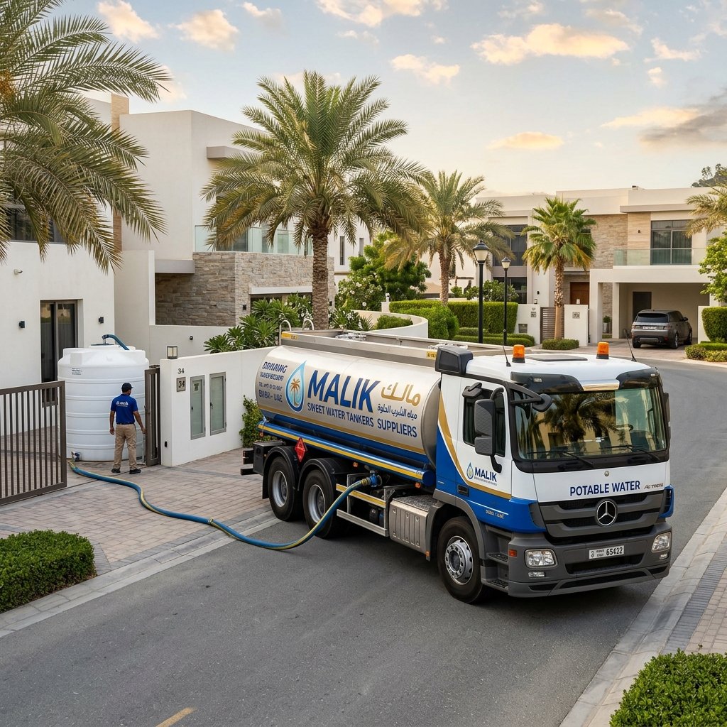 Water tanker delivering to residential villa in Dubai